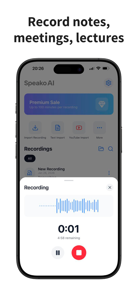 Speako AI app interface showing an active voice recording with a waveform and timer