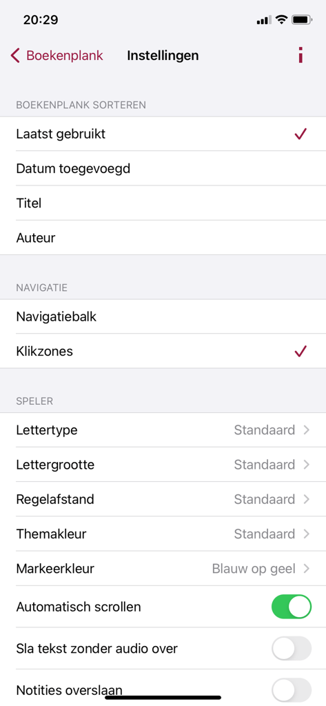 Passend Lezen - The settings screen of the Passend Lezen app showing options for bookshelf sorting navigation and player accessibility controls