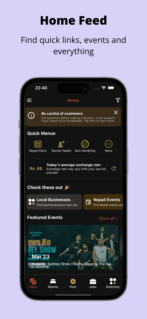 Kaam Kotha - Startbildschirm der Kaam Kotha App mit Community-Ressourcen, Veranstaltungen und Schnelllinks