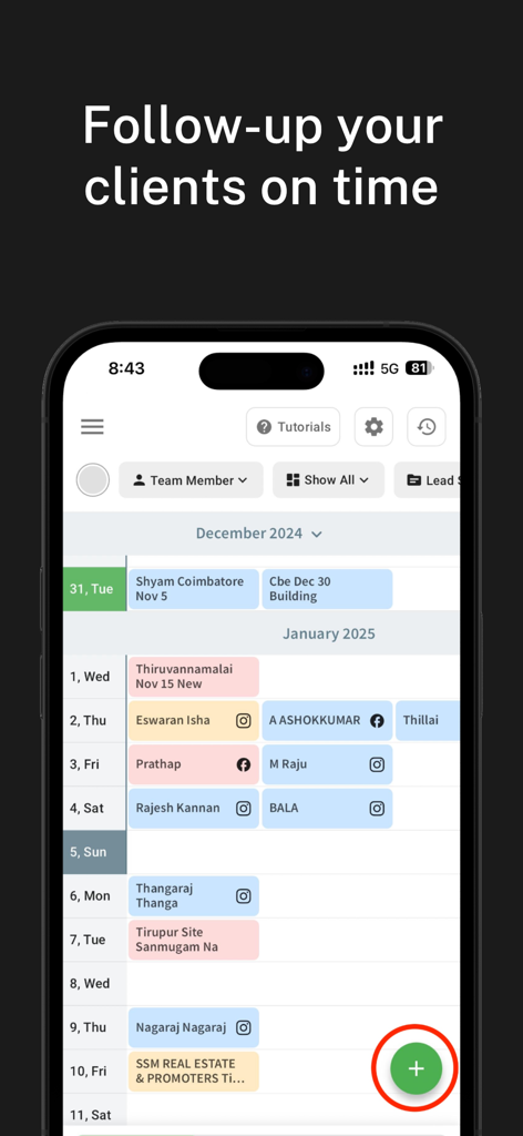 LeedsApp: Lead Management CRM - LeedsApp CRM interface showing a calendar view for managing client follow ups
