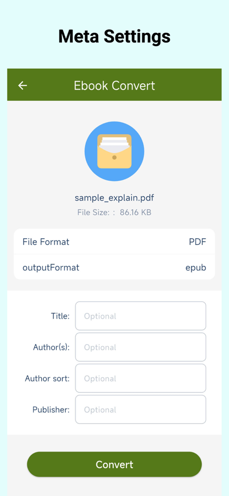 Ebook Formats Converter - Interface for editing ebook metadata like title and author before converting a PDF to EPUB.