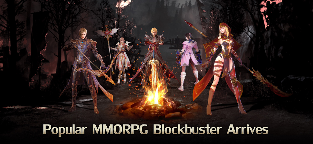 Dark Hunter: Origin - Five diverse fantasy hero classes from Dark Hunter Origin standing around a campfire in a dark forest