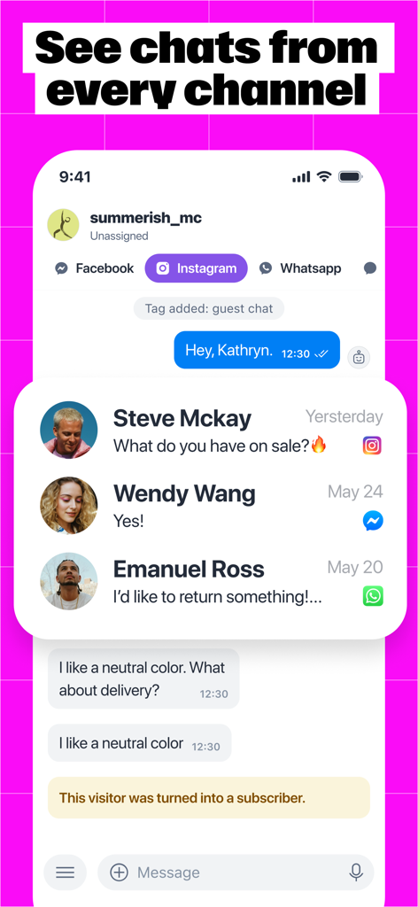 Captura de tela do aplicativo Manychat mostrando uma caixa de entrada unificada com mensagens do Instagram, Facebook e WhatsApp
