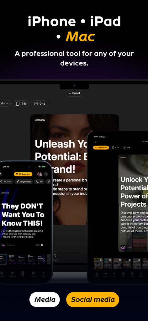 Carousel Collage AI: Carousai° - Interfaccia dell'app Carousai per la creazione professionale di caroselli per social media su iPhone, iPad e Mac