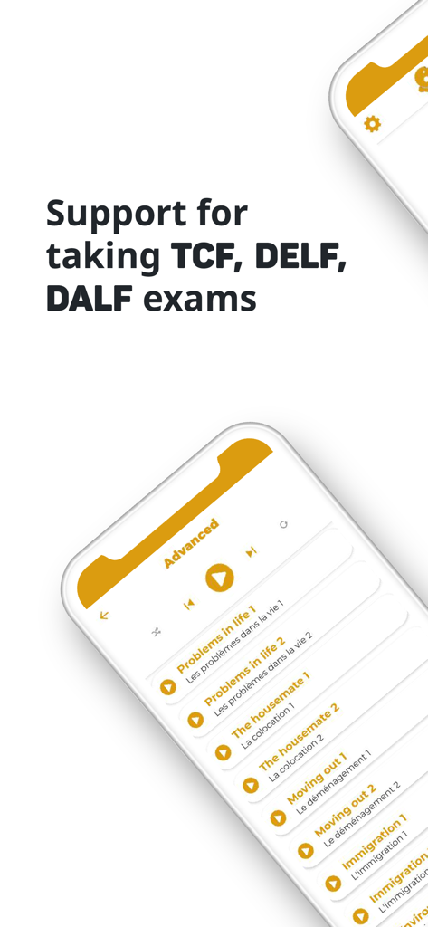 French ー Listening・Speaking - Screenshot of French learning app showing advanced conversation lessons and support for TCF DELF and DALF exams