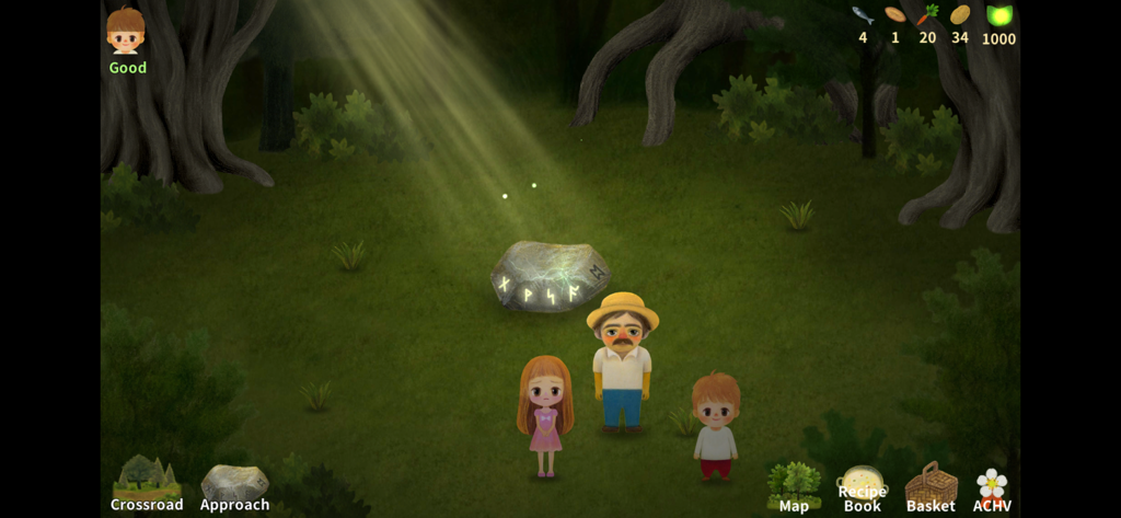 Hand-drawn characters in a forest clearing with a glowing rune stone