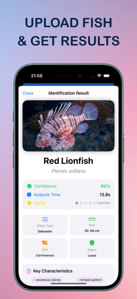 Marine Biology - Identify Fish - AI identification result screen for a Red Lionfish with detailed species facts