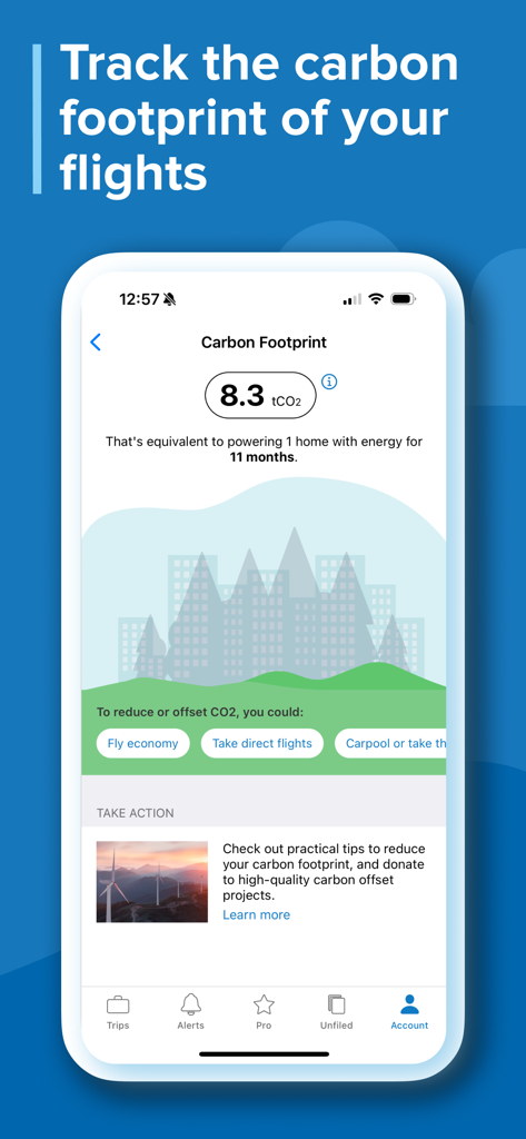 TripIt: Travel Planner - Interface do aplicativo TripIt mostrando dados de pegada de carbono de voos e dicas para viagens sustentáveis