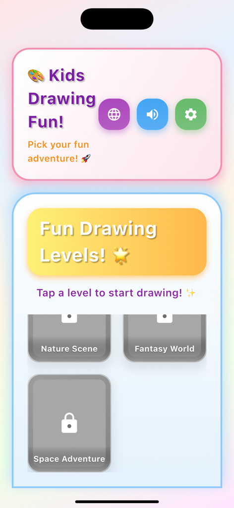 Kids Color Book Draw & Learn - Main menu screen of the Kids Color Book app showing available drawing levels like Nature Scene and Fantasy World