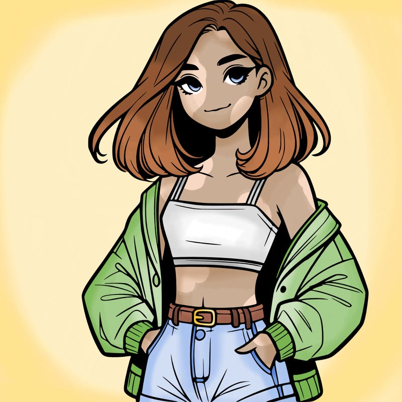 a realistic girl with a crop top and short shorts in an open jacket