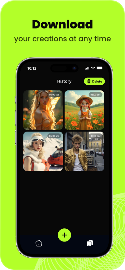 Pantalla de historial de la aplicación Vigg AI mostrando videos generados listos para descargar