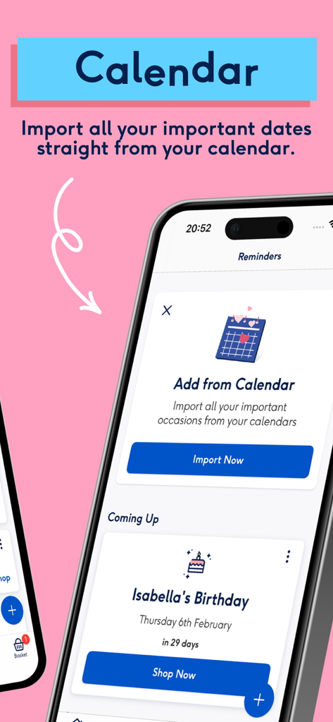 Moonpig: Birthday Cards - Moonpig app interface showing the calendar import feature and upcoming birthday reminders.