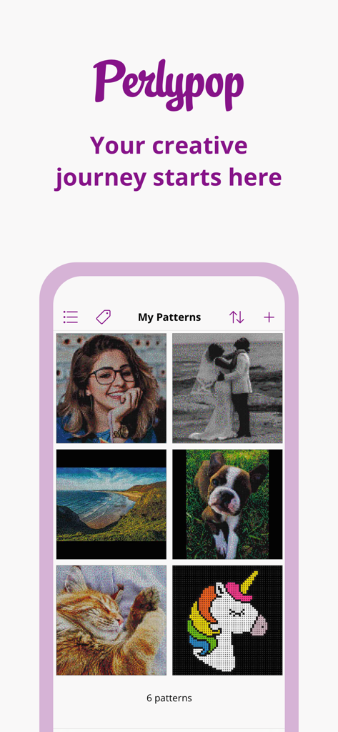 Perlypop: Perler beads - Interfaz de la aplicación Perlypop mostrando una colección de patrones personalizados de cuentas de fusión, que incluyen retratos y un unicornio.
