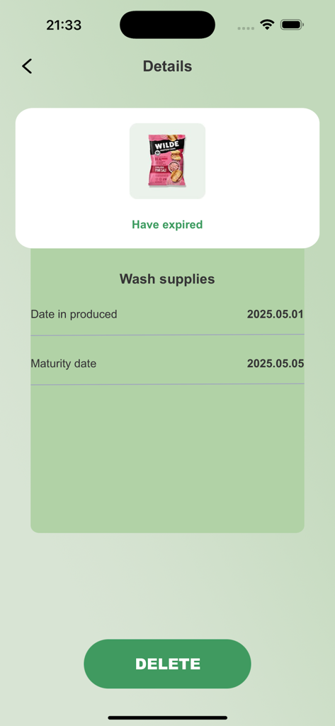 Shelf life information - Interface de l'application affichant les détails de péremption et l'état d'un article stocké spécifique
