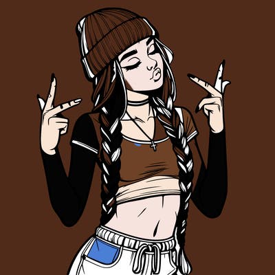 realistic teenage girl with braids and a beanie and crop top doing 🫶🏼