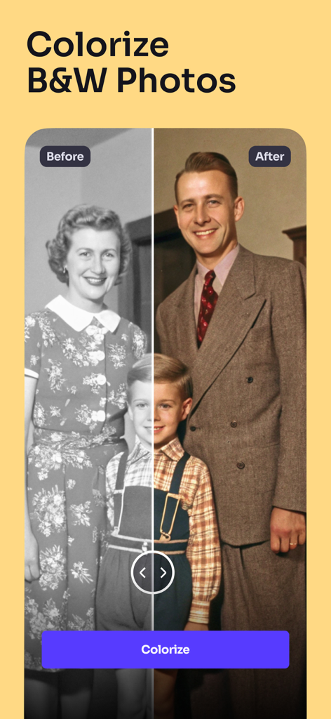 Comparação lado a lado mostrando uma foto de família em preto e branco sendo colorizada pelo Mirage IA