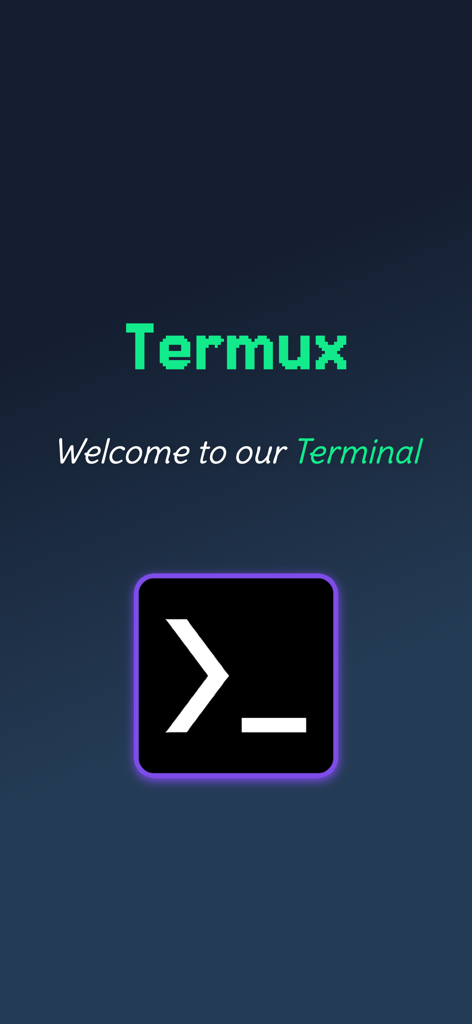 Termux welcome screen featuring a command line terminal icon on iOS