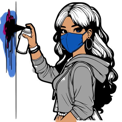 realistic girl with mask spray painting a wall