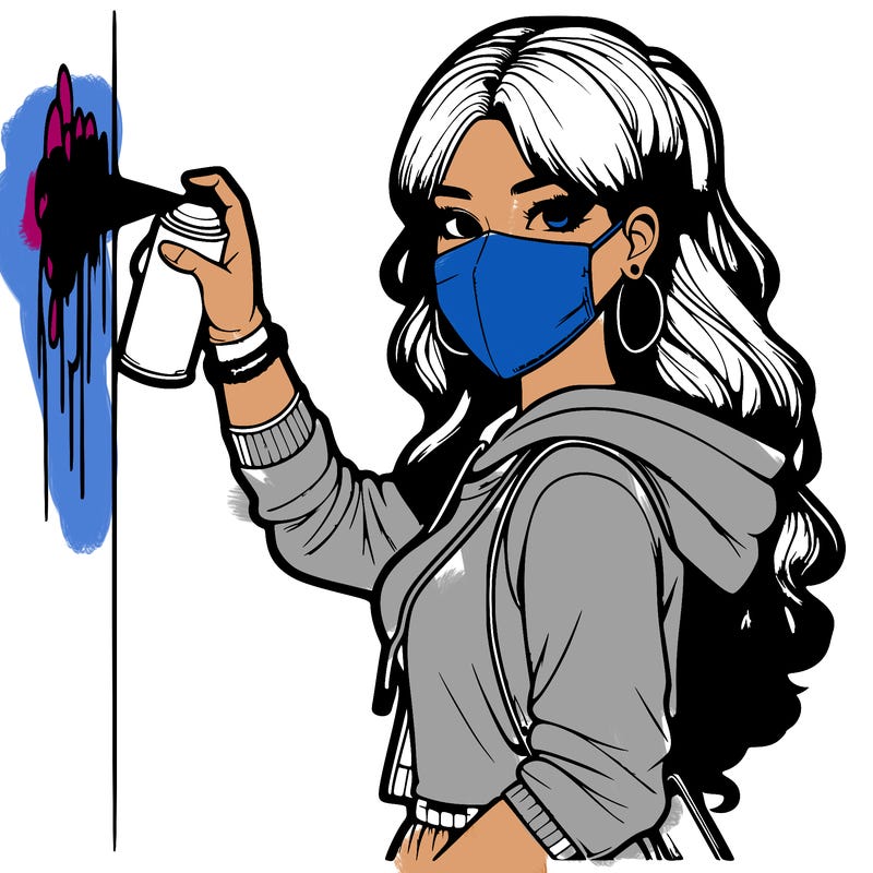 realistic girl with mask spray painting a wall