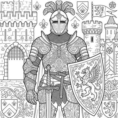 Unleash your creativity with this magnificent coloring page featuring a Late Medieval Knight in exquisite full plate armor. Dive into the details of a bygone era, complete with a valiant shield and a grand castle setting.