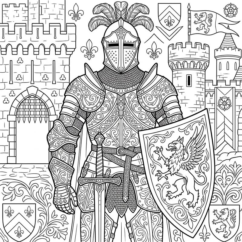 Unleash your creativity with this magnificent coloring page featuring a Late Medieval Knight in exquisite full plate armor. Dive into the details of a bygone era, complete with a valiant shield and a grand castle setting.
