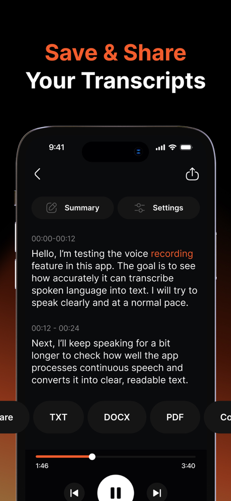 Whisper AI | Voice to Text - Whisper AI app interface for saving and sharing voice transcripts in TXT DOCX and PDF formats