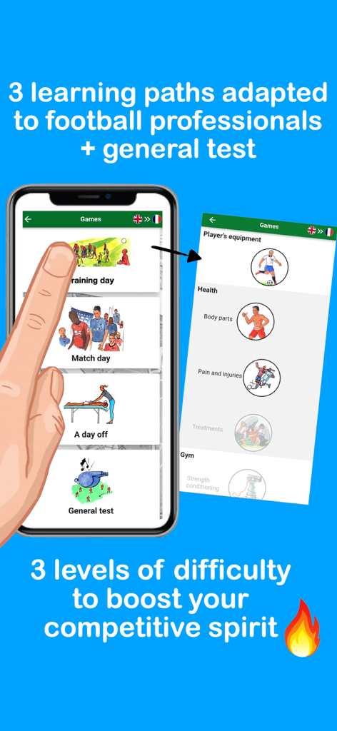 KickOff United - KickOff Unitedアプリのインターフェース。サッカー語彙学習パスとトレーニングゲームが表示されています。