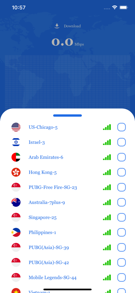 VPN Connect - Fast VPN Hotspot - VPN Connect app server selection screen featuring global locations and mobile gaming acceleration servers