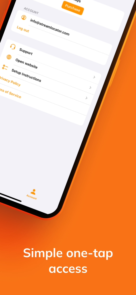 StreamLocator: Better than VPN - StreamLocator app account and support settings screen