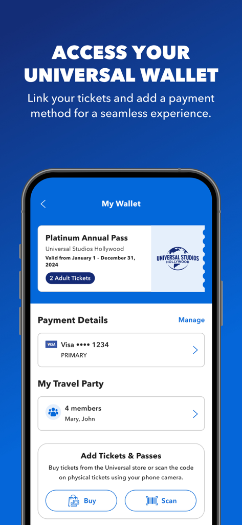 Universal Studios Hollywood app My Wallet screen with digital tickets and payment details