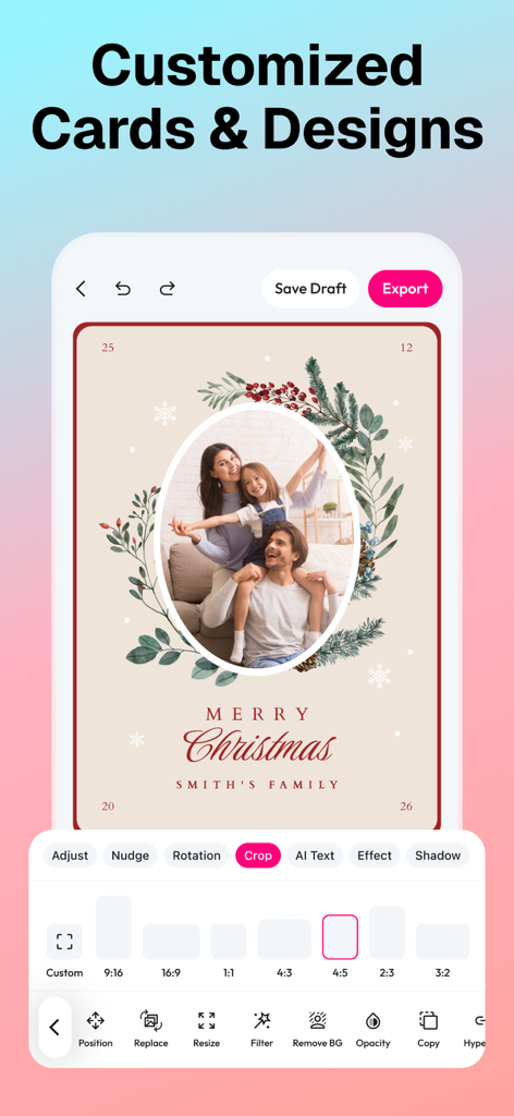 Flayer: AI Poster Maker, Flyer - クロップ、フィルター、背景除去ツールを使用して編集中のクリスマスカードデザインを表示するFlayerアプリインターフェース