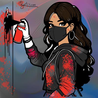 realistic girl with mask spray painting a wall