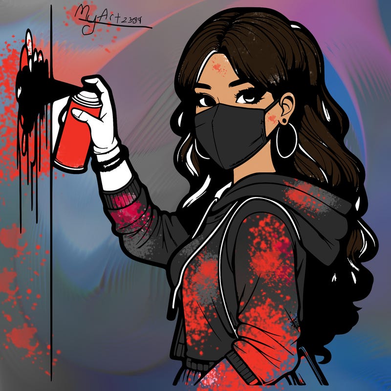 realistic girl with mask spray painting a wall