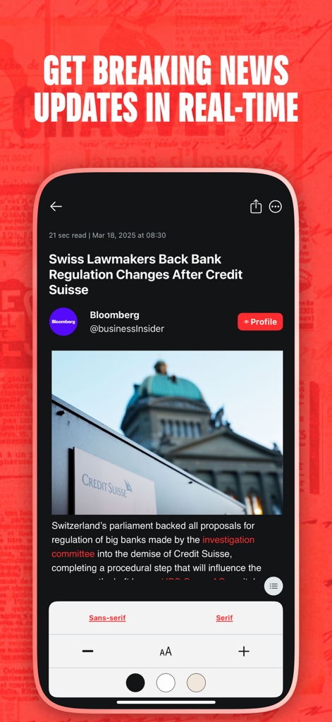 Newsreadeck: AI News Reader - Newsreadeckアプリのインターフェースに、フォントとテーマのリーダーカスタマイズ設定を備えたリアルタイムの速報記事が表示されている
