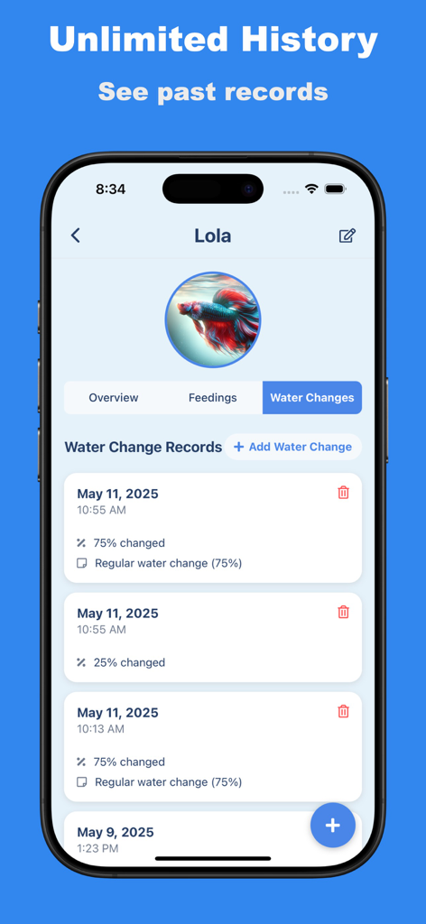 Betta Care: Fish Tracker - Interface of the Betta Care app showing water change records for a betta fish named Lola.