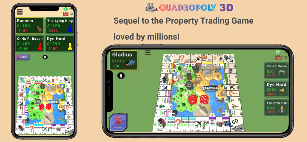Quadropoly - Monopolist Tycoon - Quadropoly 3D property trading game interface on mobile in portrait and landscape orientations