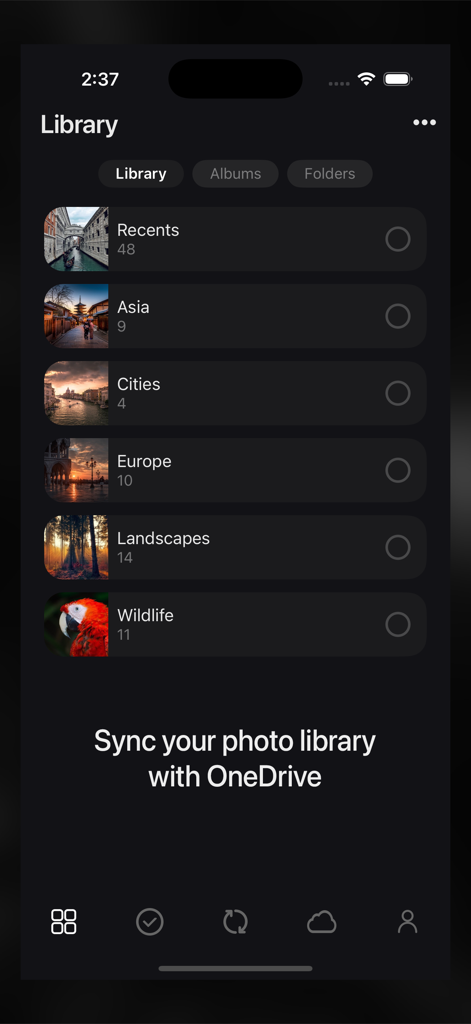 Sync with OneDrive - Interface of Sync with OneDrive app showing photo library albums like Asia and Europe for selection