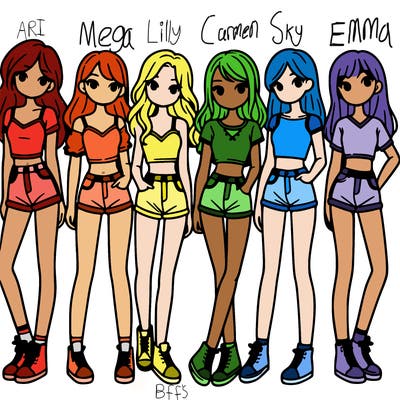 a group of girls wearing crop tops and shorts