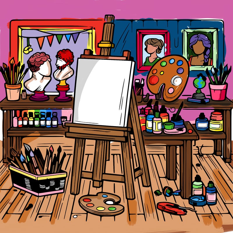 an art studio with canvases, paints, and sculptures