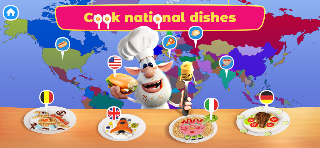 Booba Kitchen: Cooking Food - Chef Booba presenting national dishes with a world map background and food icons.