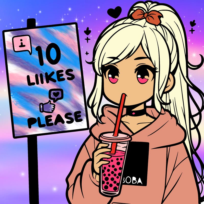 girl with a high ponytail and a hoodie drinking boba staring at a sign saying 10 likes please