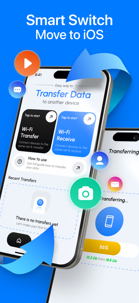 Smart Switch app interface for wireless data transfer and migration between mobile devices