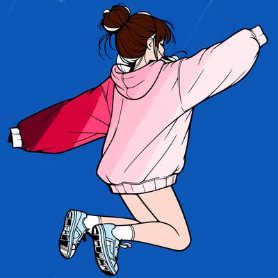 realistic girl jumping with a bun and oversized sweatshirt