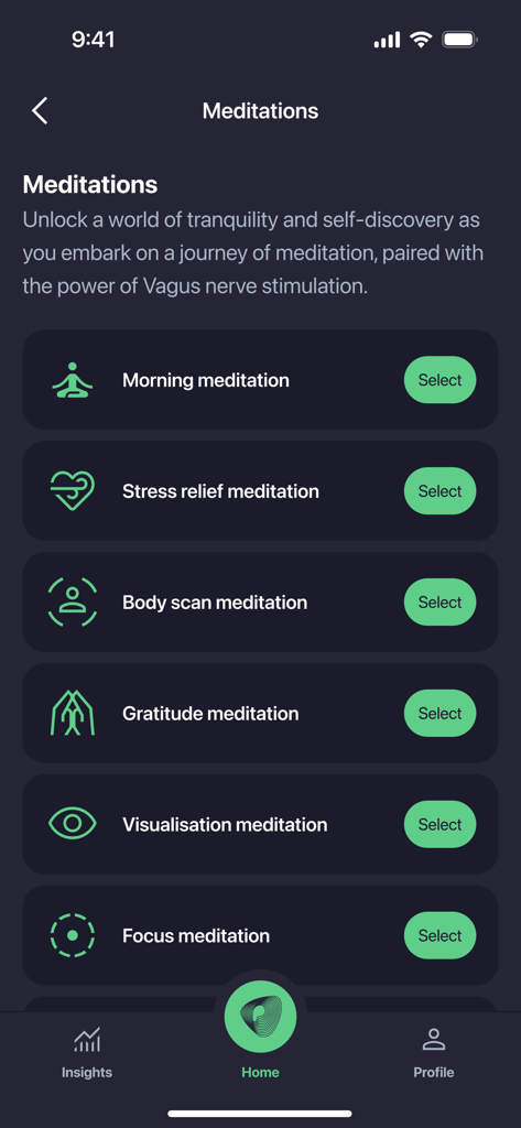 Pulsetto Wellness - Pulsetto Wellnessアプリのストレス解消や集中力プログラムを含むガイド付き瞑想オプションのリスト。