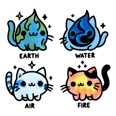 4 cats that represent the different elements, earth, water, air, and fire