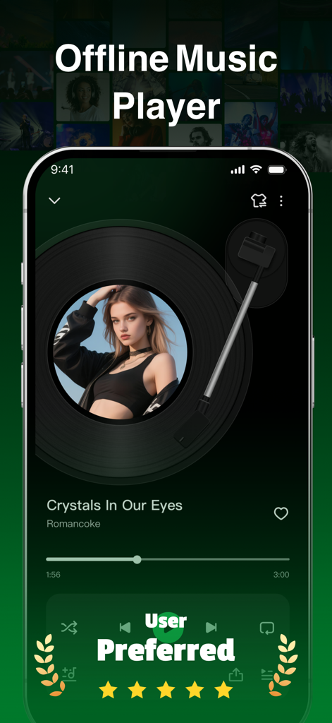 Offline Music Player Pro & MP3 - Interface of Offline Music Player Pro showing a song playing with a vinyl record design and five star rating
