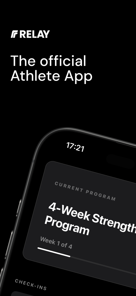 Relay Athletic - Interface do aplicativo Relay Athletic exibindo um programa de força atual de quatro semanas para atletas