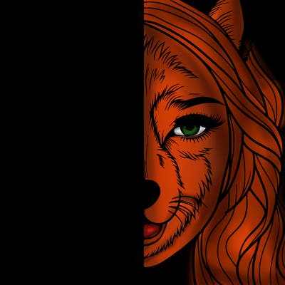 split face realistic woman and wolf