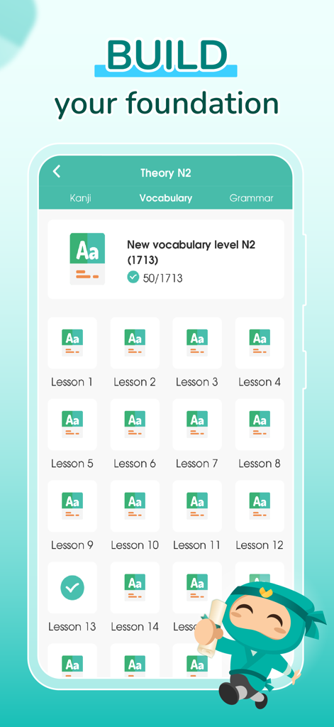 Interfaz de la aplicación Migii JLPT mostrando teoría y lecciones de vocabulario para el nivel N2