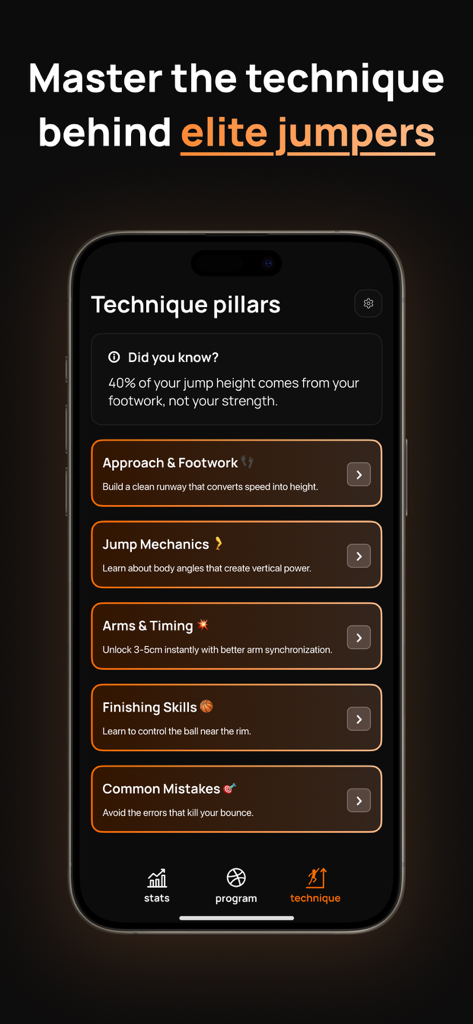 How2Jump: Jump Higher, Faster - How2Jump app interface showing technique pillars for elite vertical jump performance including footwork and jump mechanics